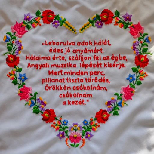 Kalocsai hímzés fehér textilen, piros hímzett szöveggel.